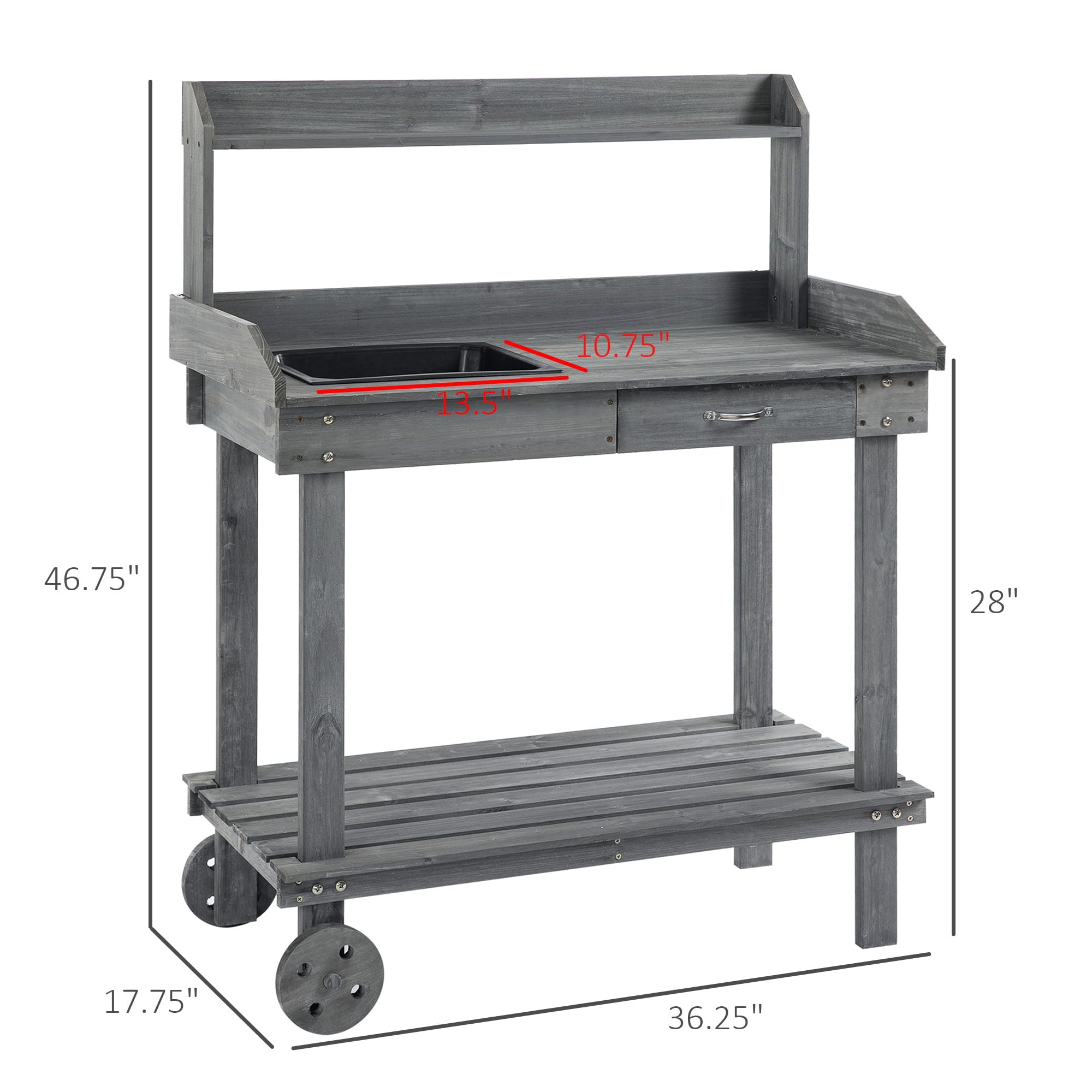 walmeck 36" x 18" x 47'' Wooden Potting Bench Work Table with 2 Removable Wheels & Large Storage Spaces - Grey