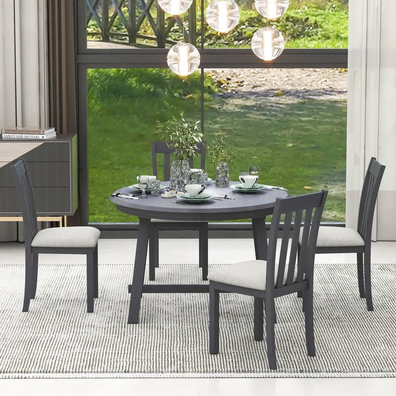 5 Piece Wooden Dining Table Set  Round Extendable Dining Table with 4 Dining Chairs