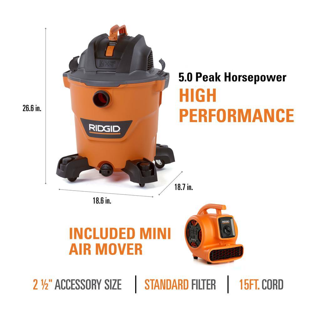 RIDGID 12 Gallon 5.0 Peak HP NXT WetDry Shop Vacuum with Filter Hose Accessories and 600 CFM Blower Fan Air Mover HD1265AM