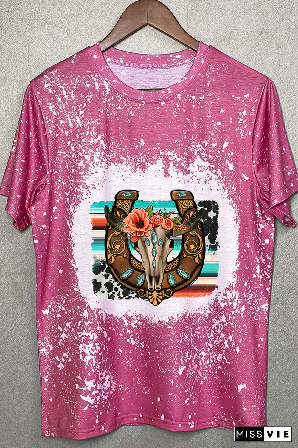 Horseshoe Floral Bull Skull Gemstone, Western Horseshoe Graphic Tee Wholesale