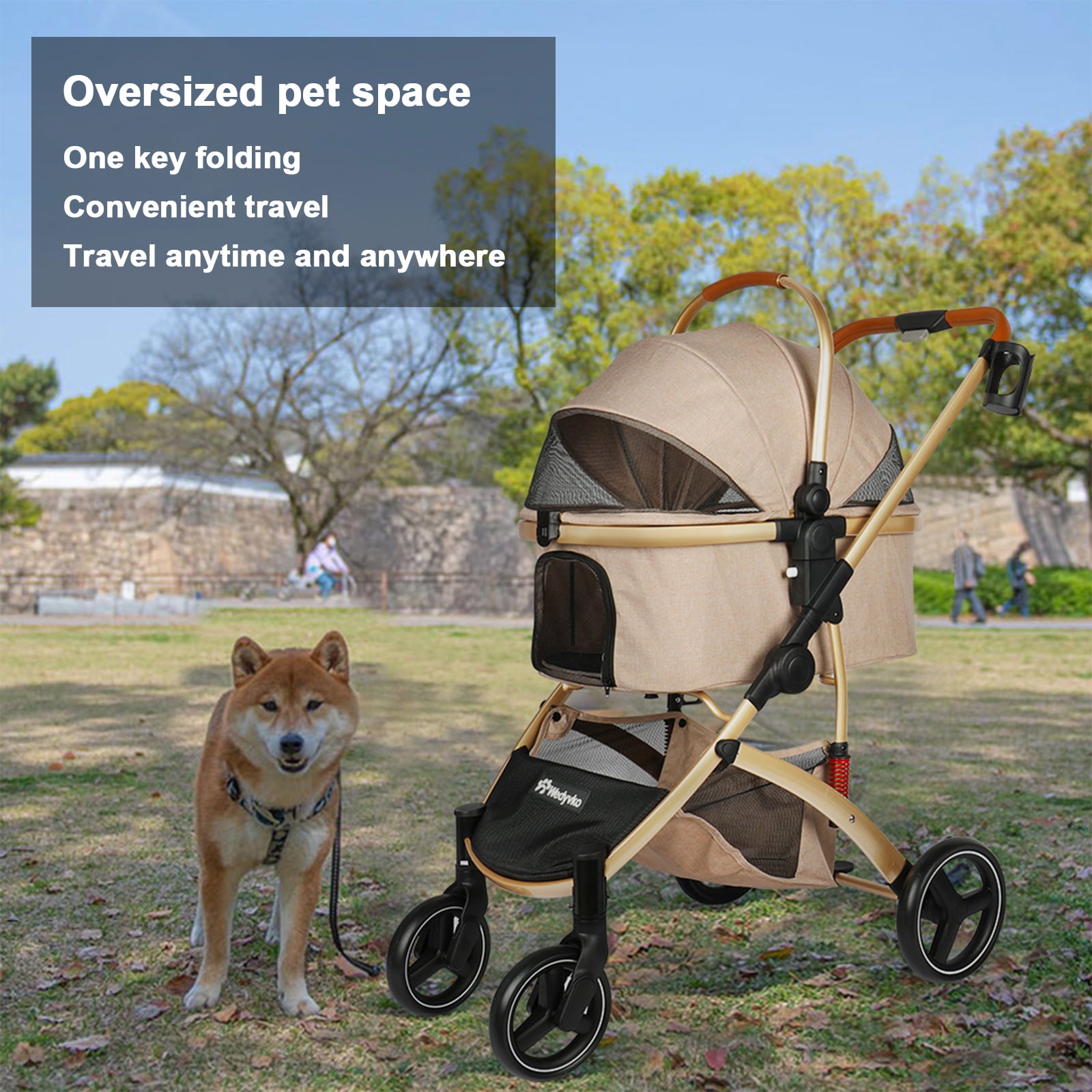 Wedyvko Dog stroller， Foldable Pet Travel System 3 in 1 Multifunction Pet Stroller， Sturdy Aluminum Alloy Frame Up to 55 lbs (Gold)