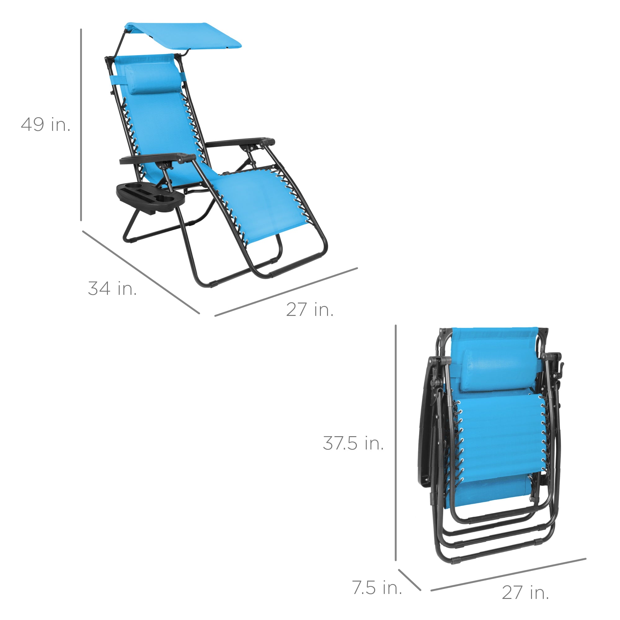 Best Choice Products Folding Zero Gravity Recliner Patio Lounge Chair w/ Canopy Shade, Headrest, Side Tray - Light Blue