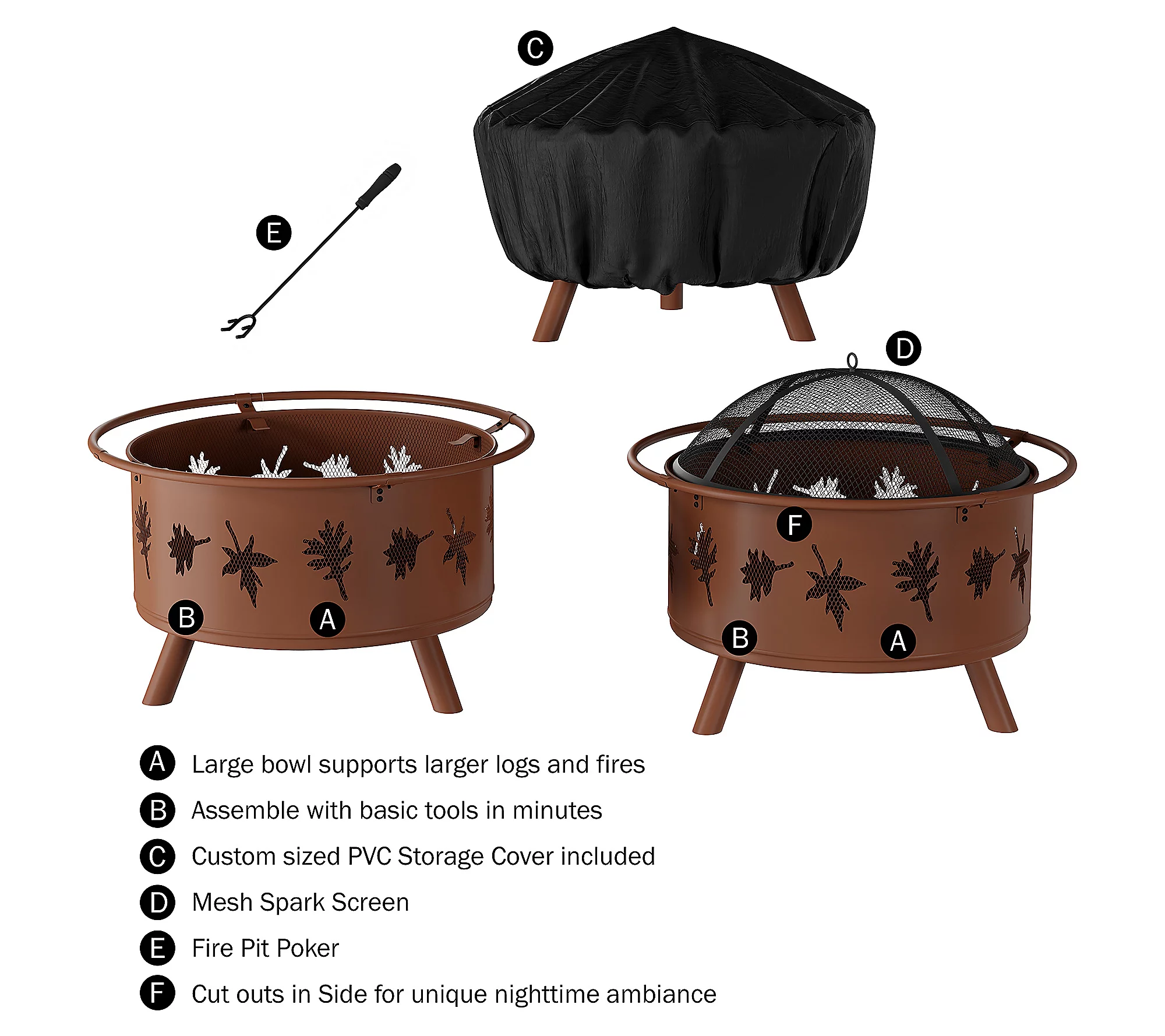 Pure Garden 32 Outdoor Deep Fire Pit with LeafCutouts