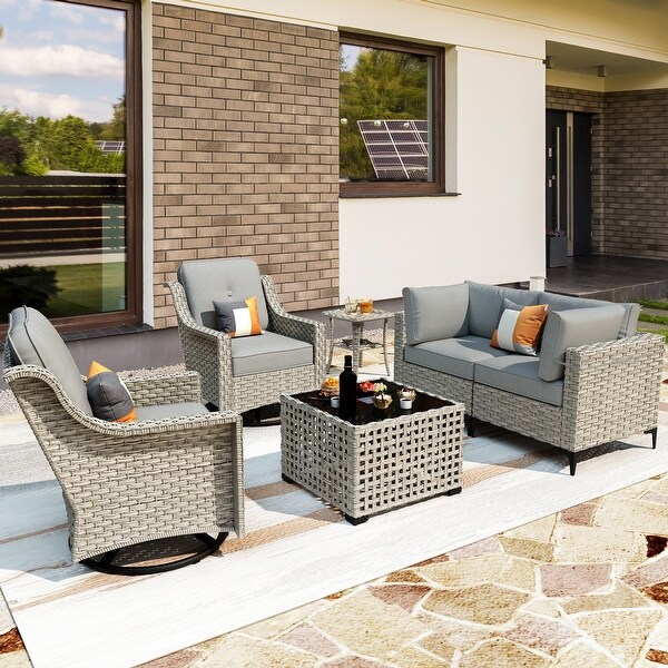 OVIOS 6 Pieces Outdoor Wicker Swivel Chair Set With SolarPowered Coffee Table