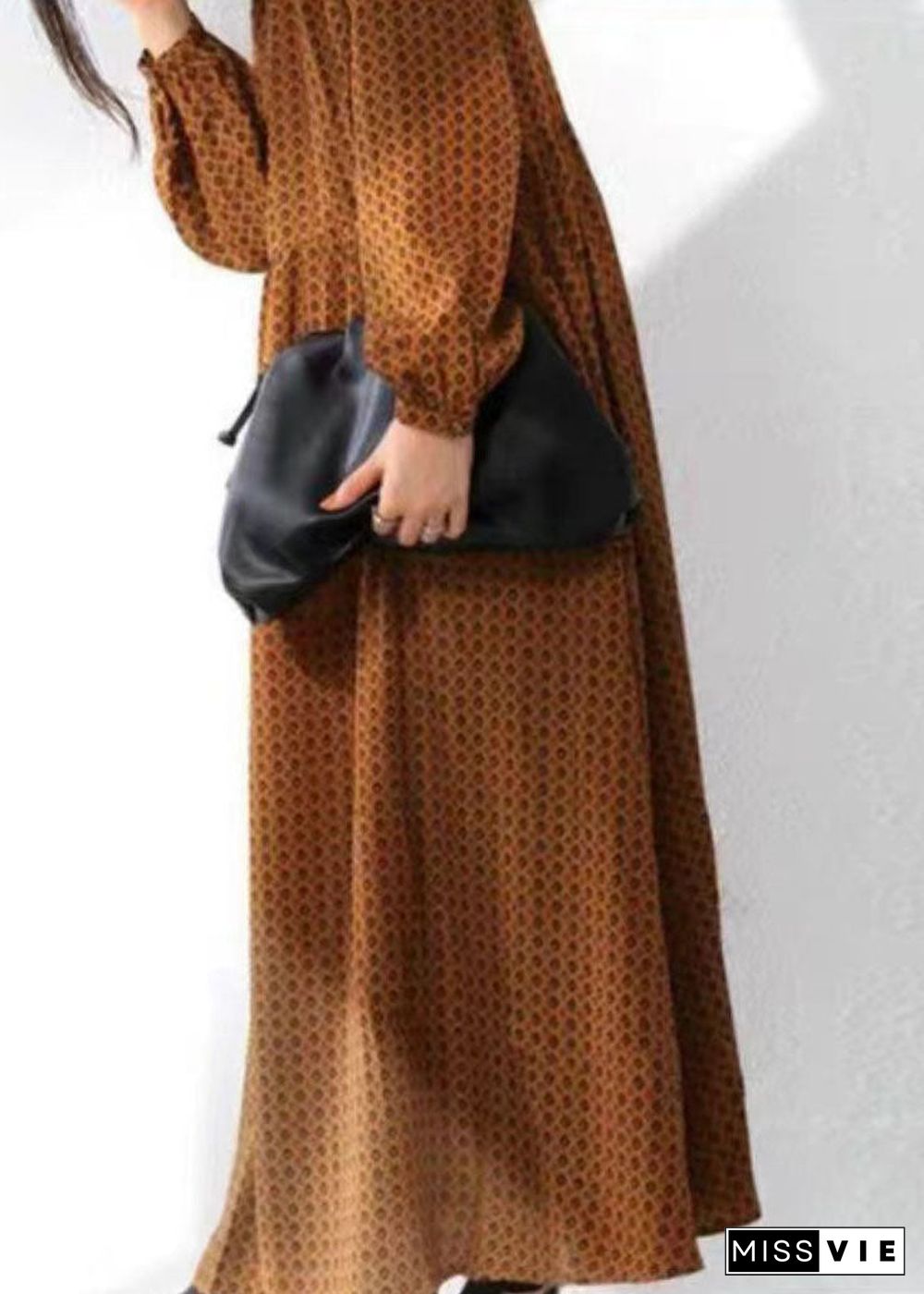 Brown Dot Print Chiffon Maxi Dresses Stand Collar Wrinkled Long Sleeve