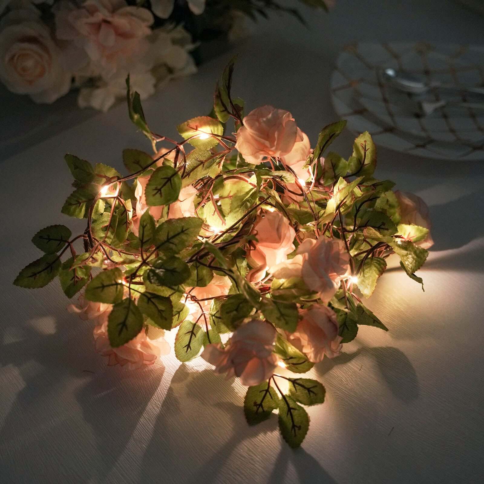 20 LED Blush Silk Rose Flower Garland Vine String Lights, Warm White Battery Operated 7ft