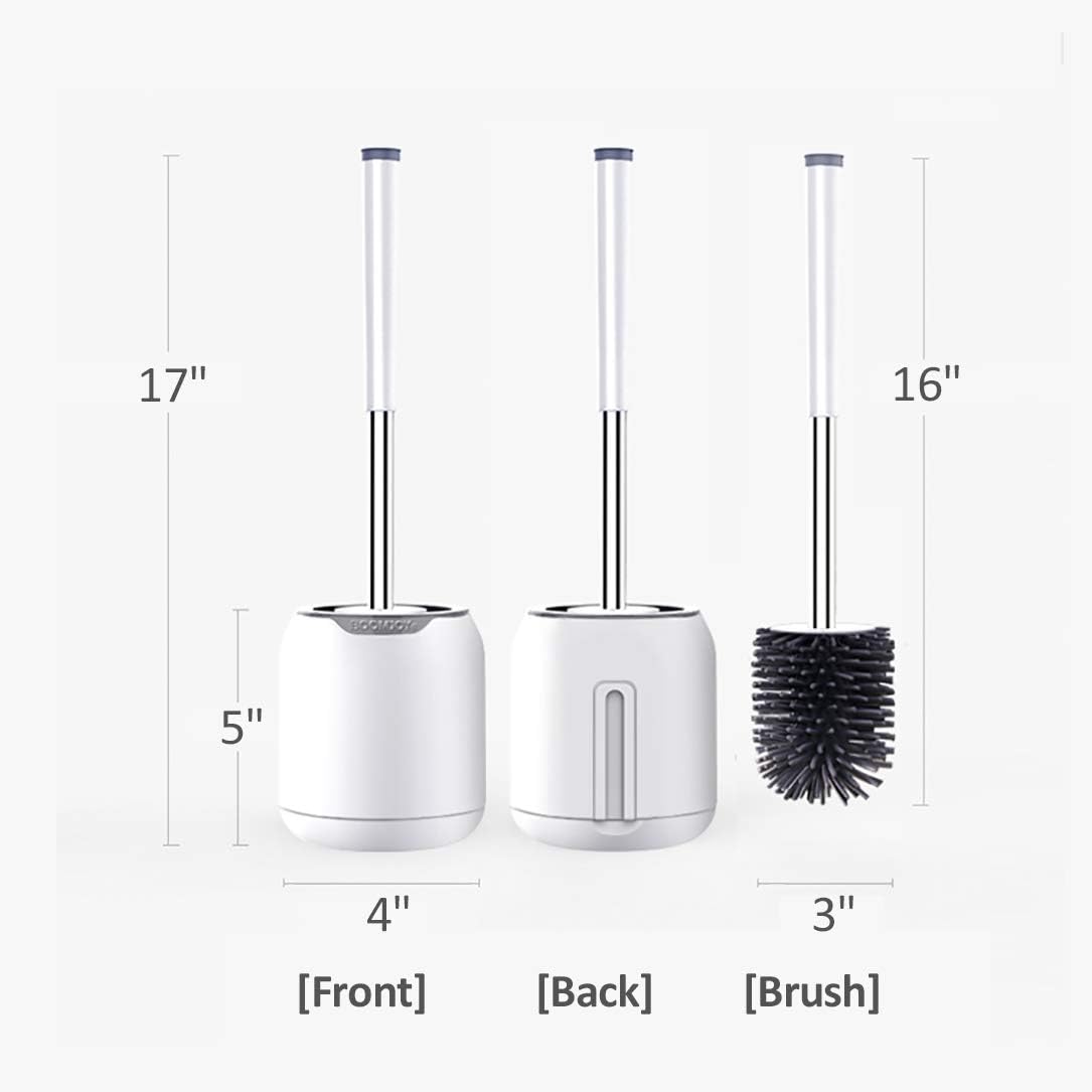 BOOMJOY Toilet Brush and Holder Set, Silicone Bristles Bathroom Cleaning Bowl Brush Kit with Tweezers, Bathroom Accessories with Aluminum Handle - White