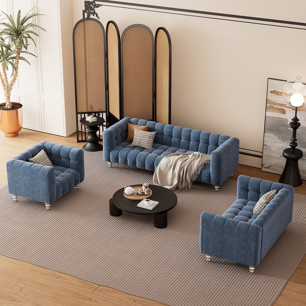 3 piece sofa set with solid wood legs  buttoned tufted backrest  Dutch fleece upholstered sofa set including three seater sofa