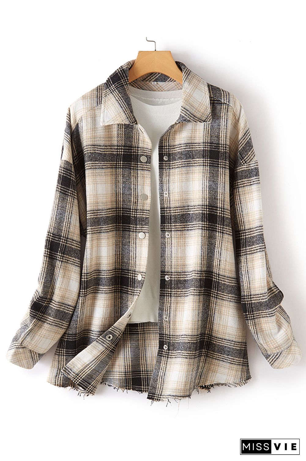 Plaid Front Open Button Raw Trim Jackets