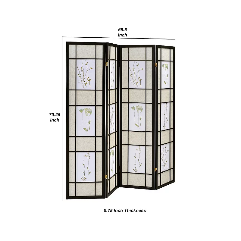 4 Panel Screen with Floral Print Detailing and Wooden Frame， Black