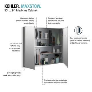 KOHLER Maxstow 30 in. x 24 in. Aluminum Frameless Surface-Mount Soft Close Medicine Cabinet with Mirror K-R79225-LA1