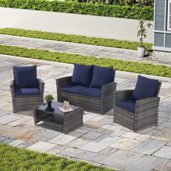 4 Pieces Outdoor Patio Furniture Sets Garden Rattan Chair Wicker Set