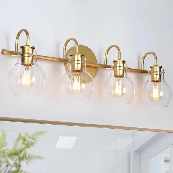 Bela Mid-century Modern Glam Gold 4-Light Bathroom Vanity Lights Globe Glass Wall Sconces Dimmable