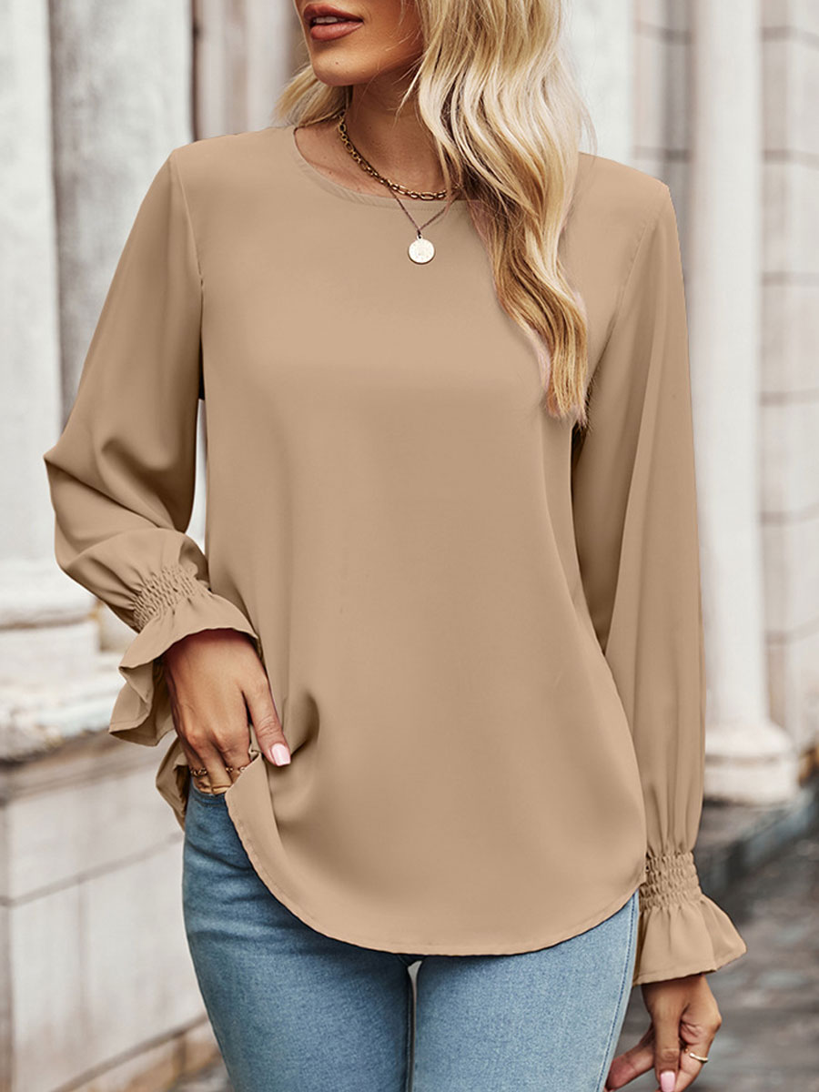 Round Neck Casual Loose Solid Color Long Sleeve Blouse