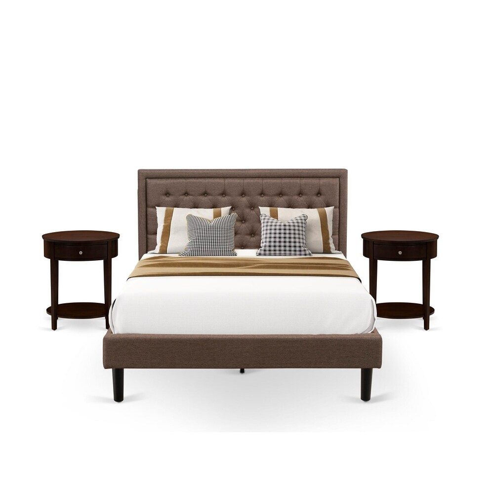 East West Furniture 3 Piece Bed Set   Bed Frame Brown Headboard with 2 Wood Nightstand   Black Finish Legs(Bed Size Options)