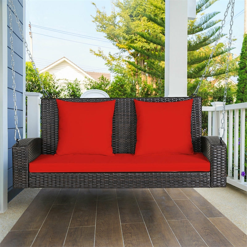 2-Person Outdoor Wicker Hanging Porch Swing Bench with Seat & Back Cushions