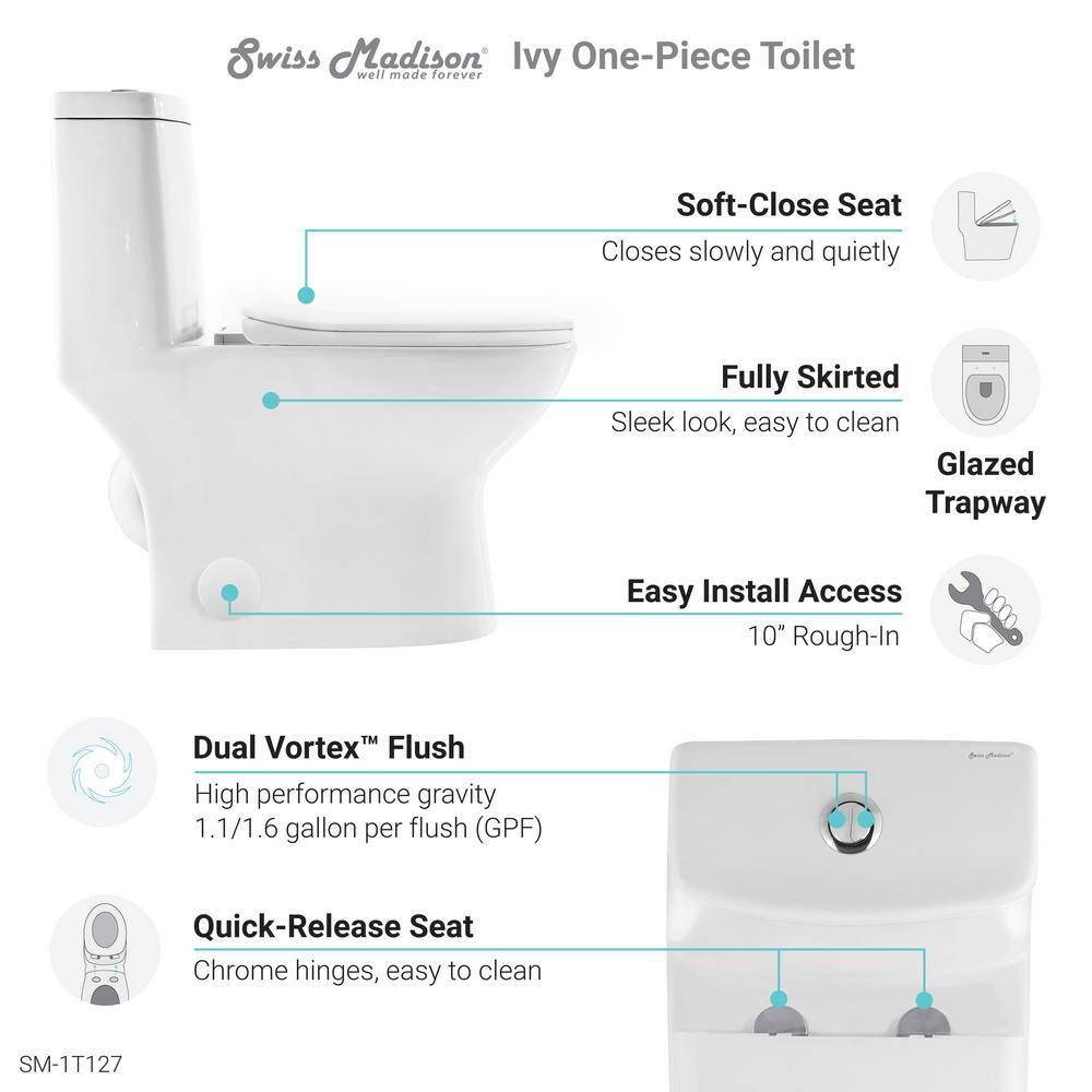 Swiss Madison 1-piece 1.1 GPF Ivy 10 in. Rough-In Dual Flush Elongated Toilet in White Seat Included SM-1T127