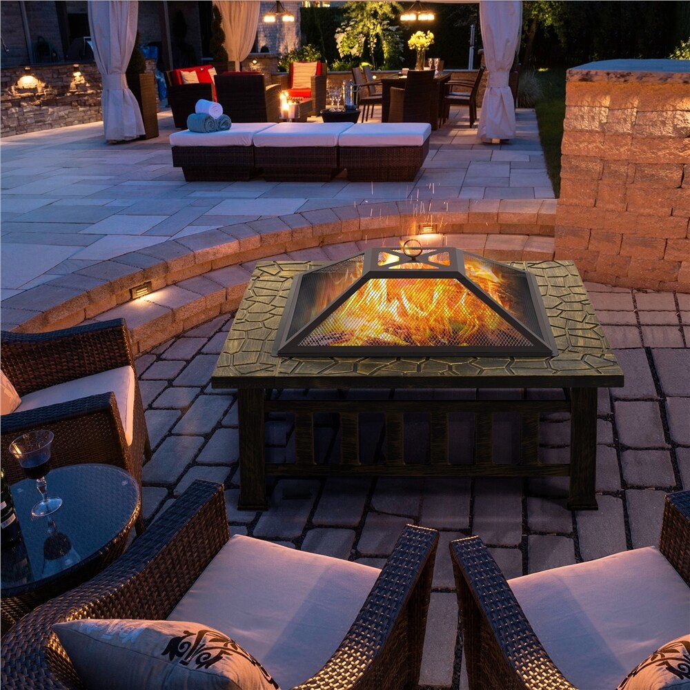 Yaheetech 34in Fire Pit Table Outdoor Patio Fire Pits Square Steel Stove with Mesh Screen and Cover