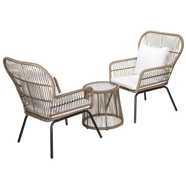 3-Piece Patio Wicker Conversation Bistro Set w/ 2-Chairs， Glass Top Side Table， Cushions - Overstock - 37969144