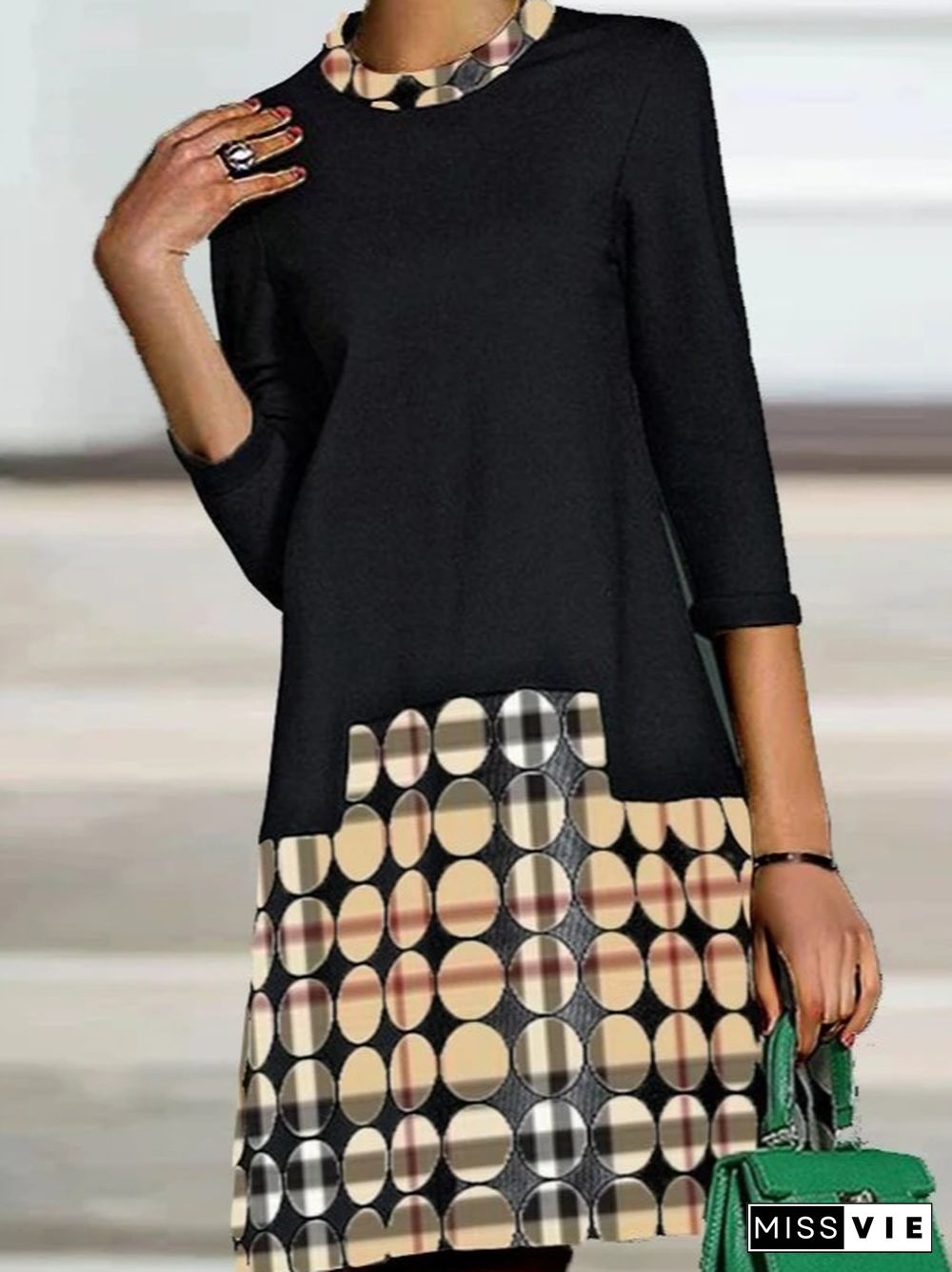 Lady Crew Neck Checked/Plaid Dresses Black Dresses