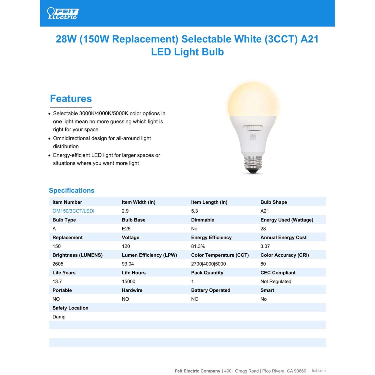 Feit LED A21 E26 (Medium) Smart-Enabled LED Bulb Tunable White 150 Watt Equivalence 1 pk