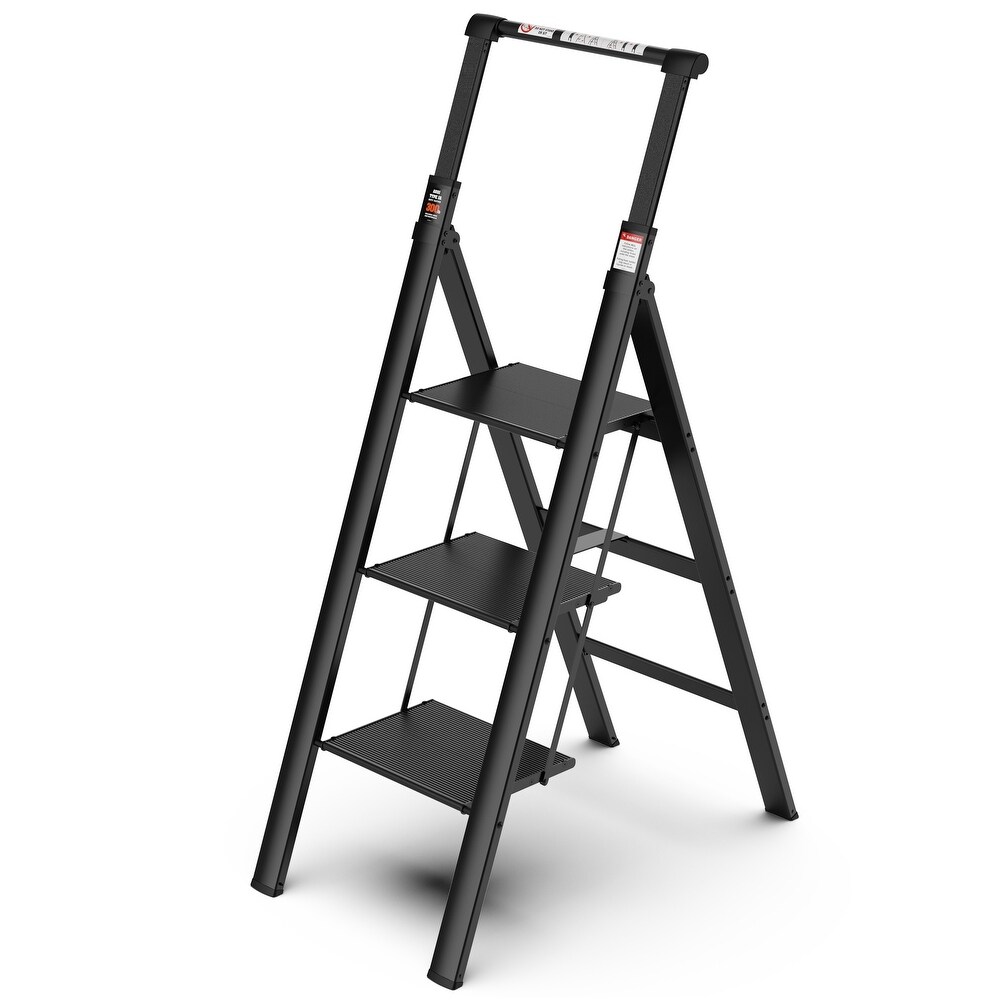 Retractable Handgrip Folding 3 Step Ladder with Anti Slip Wide Pedal