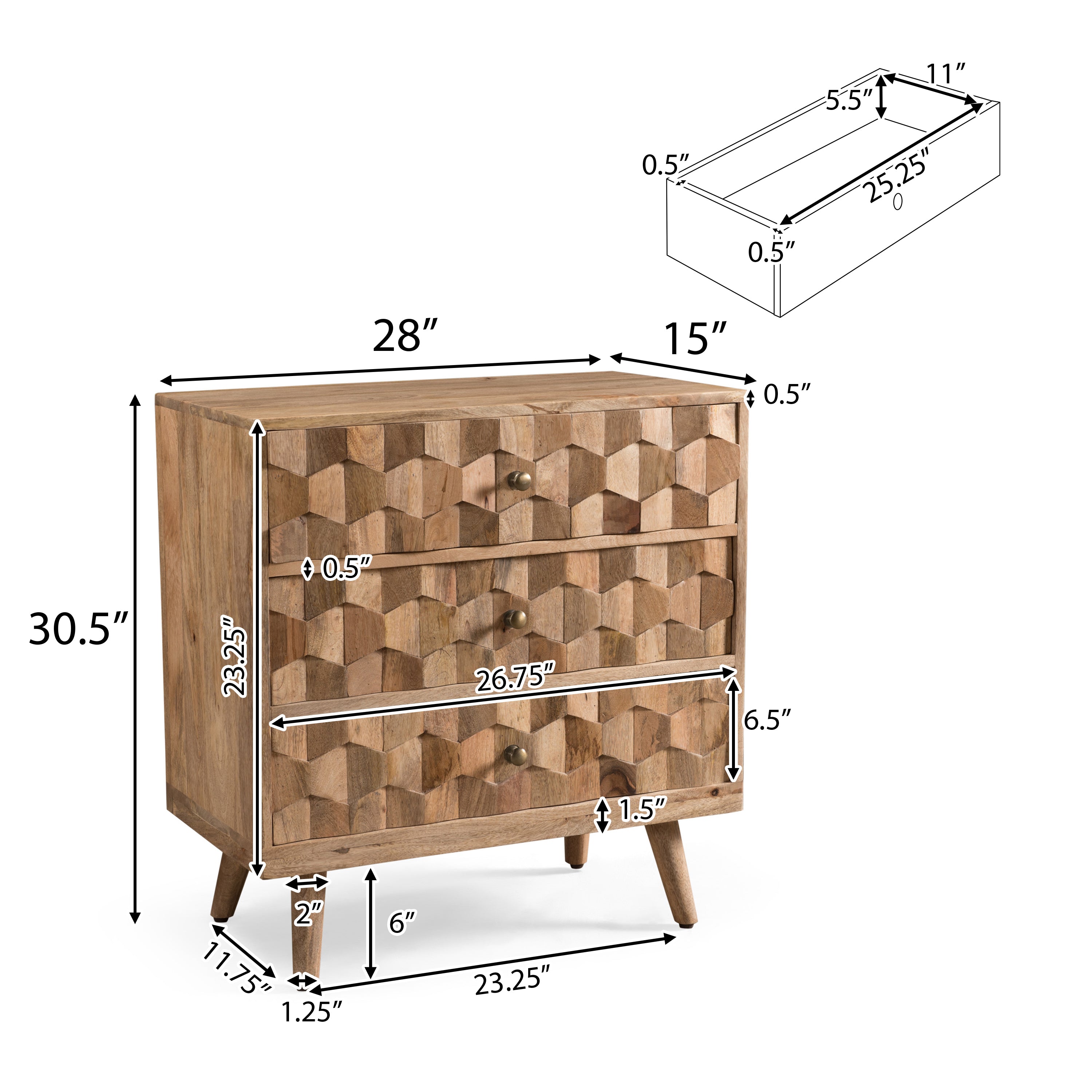 Poppy Mid-Century Modern Mango Wood 3 Drawer Chest