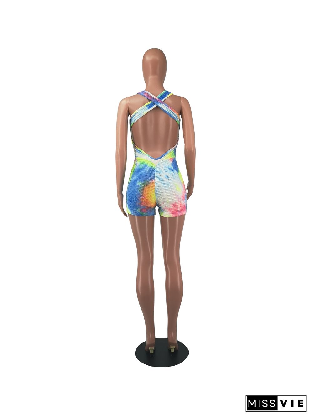 Summer Women Sexy Tie Dye Print Sleeveless Hollow Out Backless O-Neck Bodycon Rompers