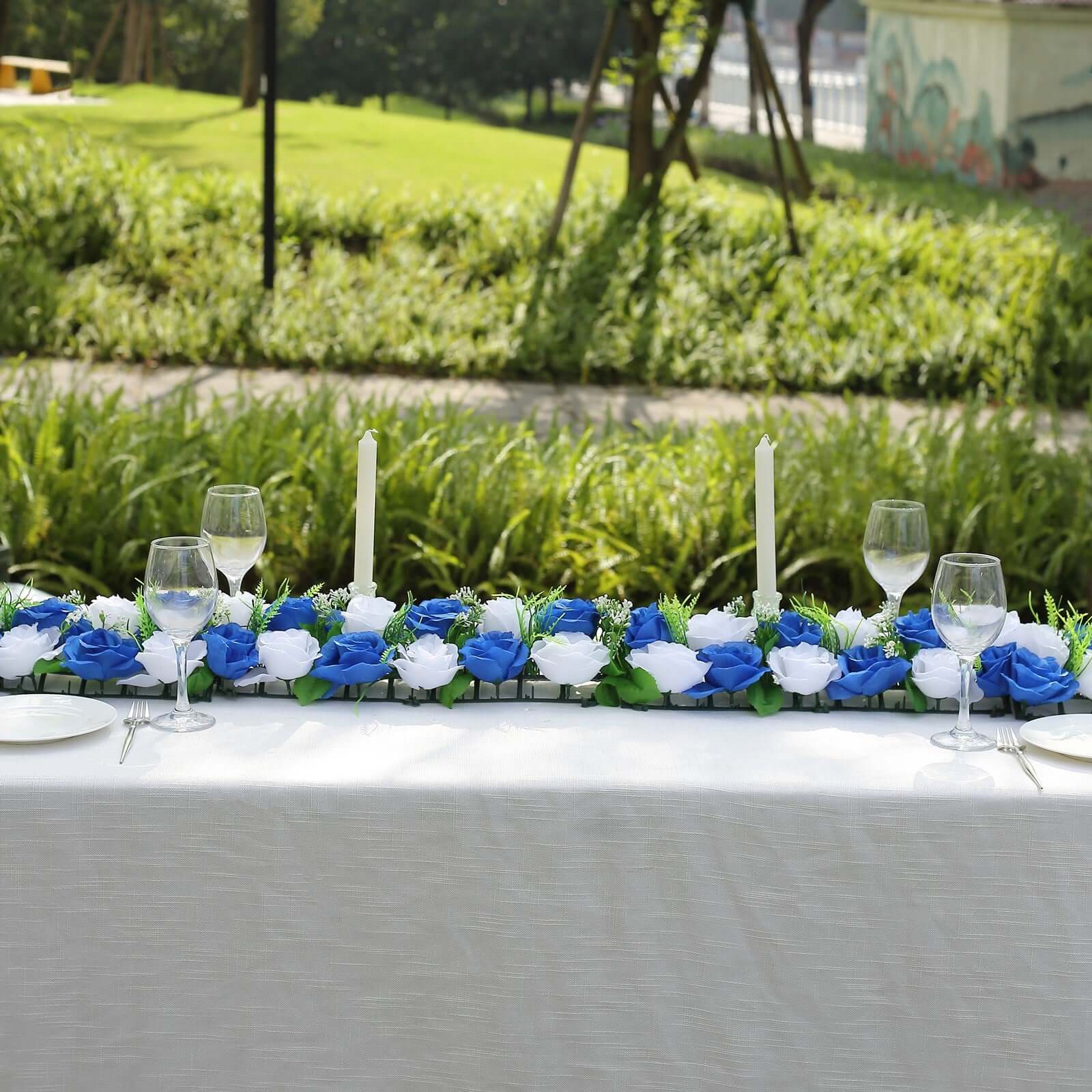 6 Pack White Royal Blue Silk Rose Flower Panel Table Runner, Artificial Floral Arrangements Dining Table Decor - 20