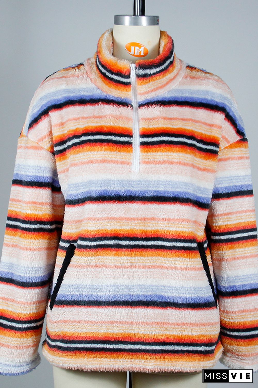 Zipper Down Colorful Striped Kangaroo Pocket Sweatshirts