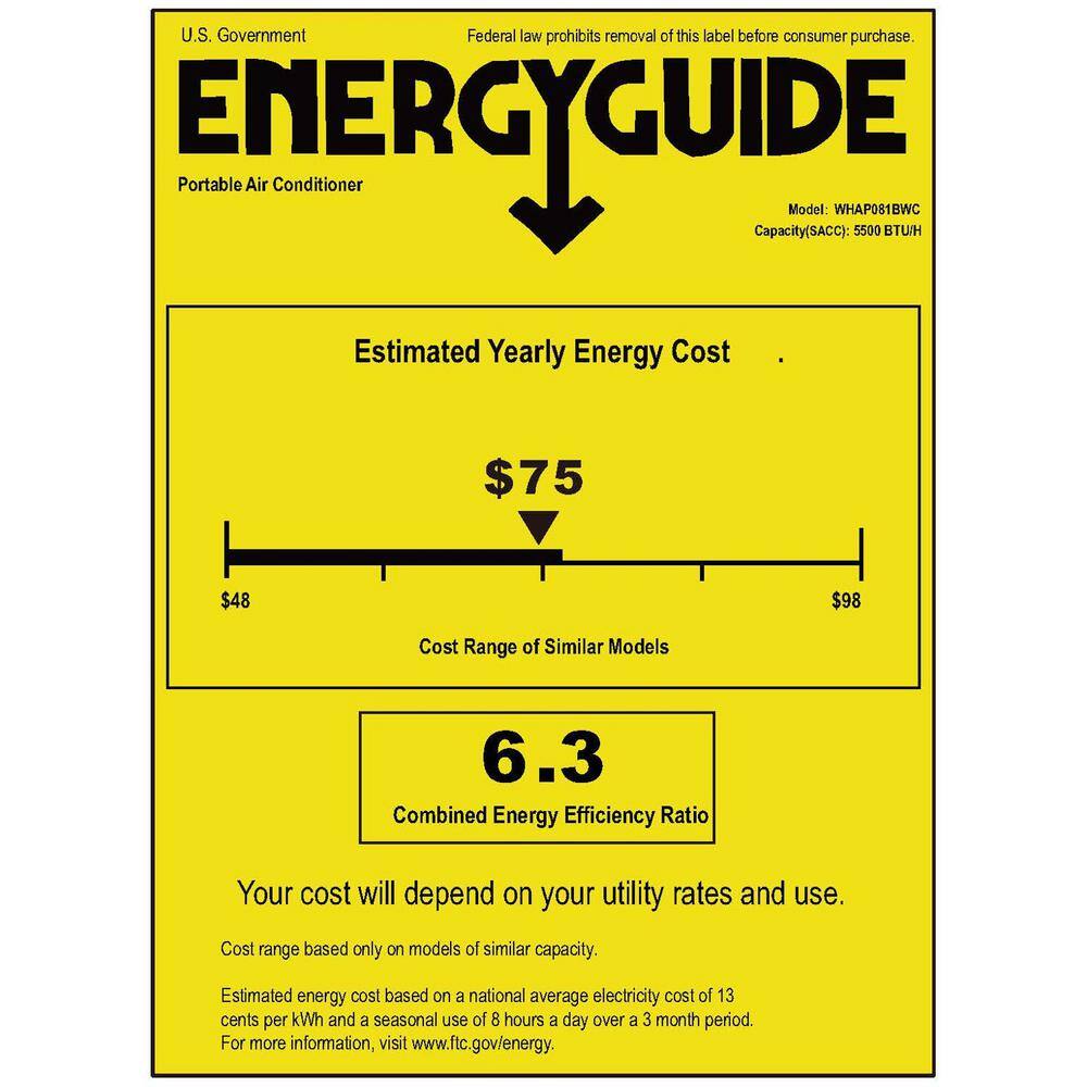 Whirlpool 8000 BTU (5500 BTU DOE) Portable Air Conditioner with Remote Timer Restart Wheels Dehumidifer Fan in White WHAP081BWC