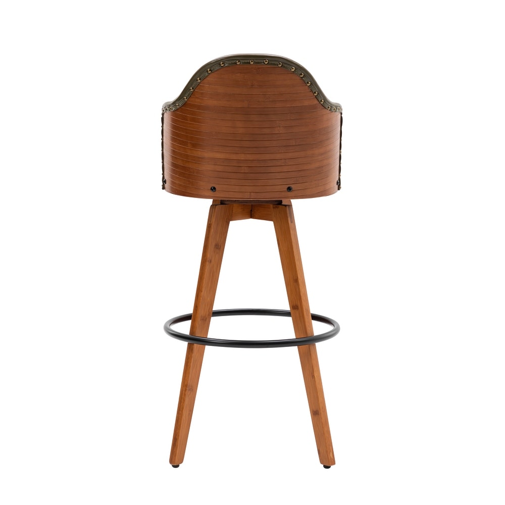 Porthos Home Idan Swivel Bar Stool  PU Leather Upholstery  Bamboo Legs