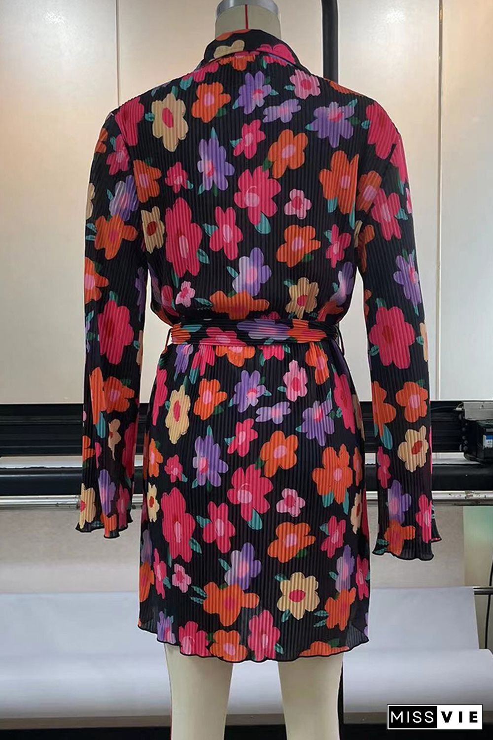 Open Button Floral Print Pleated Long Sleeves Dress