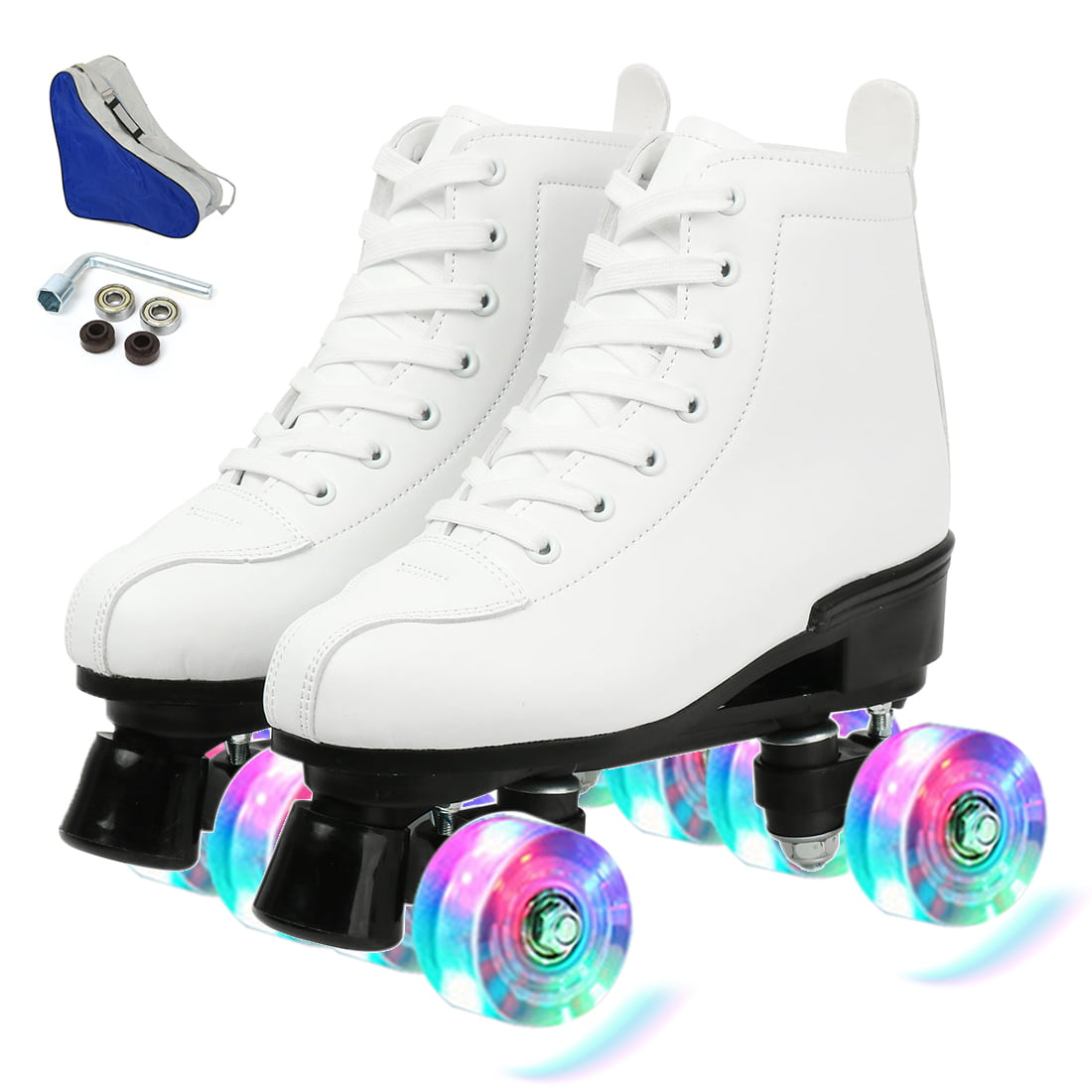 Classic Roller Skates High-Top Double-Row Shiny Wheels Roller Skates Soft Leather Roller Skates for Women and Men，White