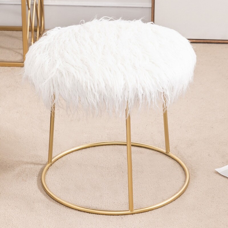 Adeco Vanity Stool Chair Fluffy Ottoman Footrest Round Metal Base