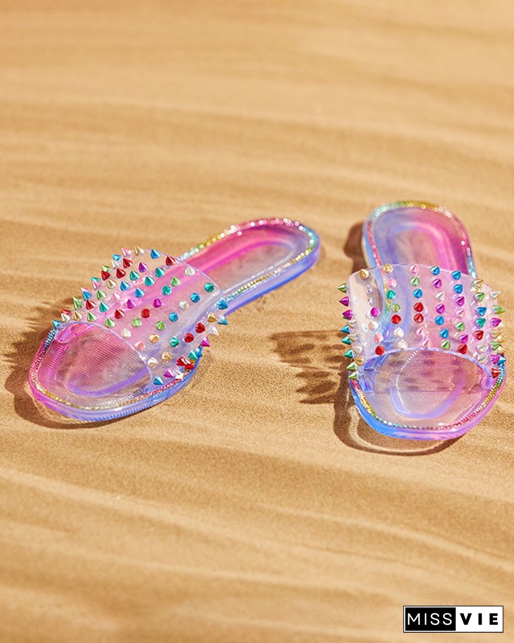 Colorful Rivet Clear Perspex Studded Slippers