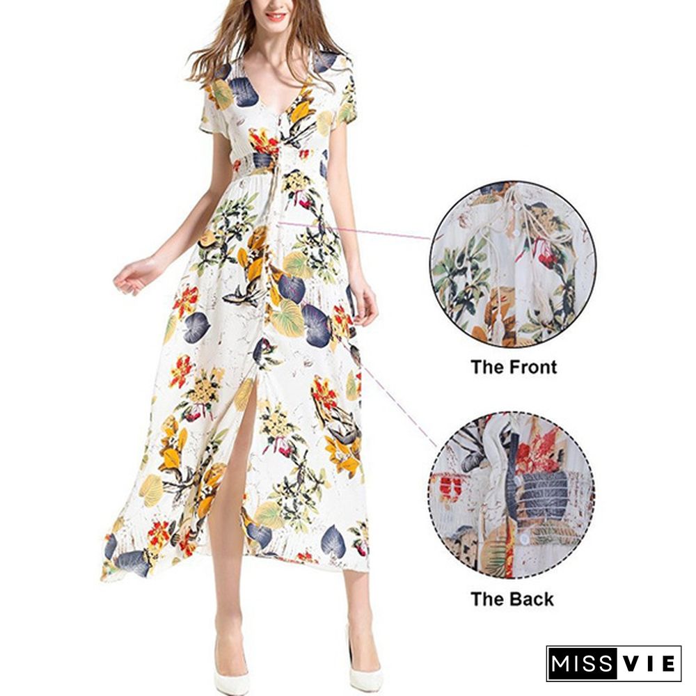 New Spring And Summer Women's Split Dress Printed Beach Dress Elegant Long Skirt Plus Size S-5Xl