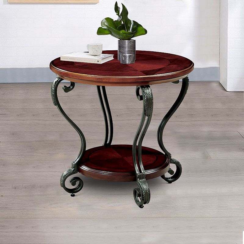 Round Wood and Metal End Table with Scroll Details， Brown