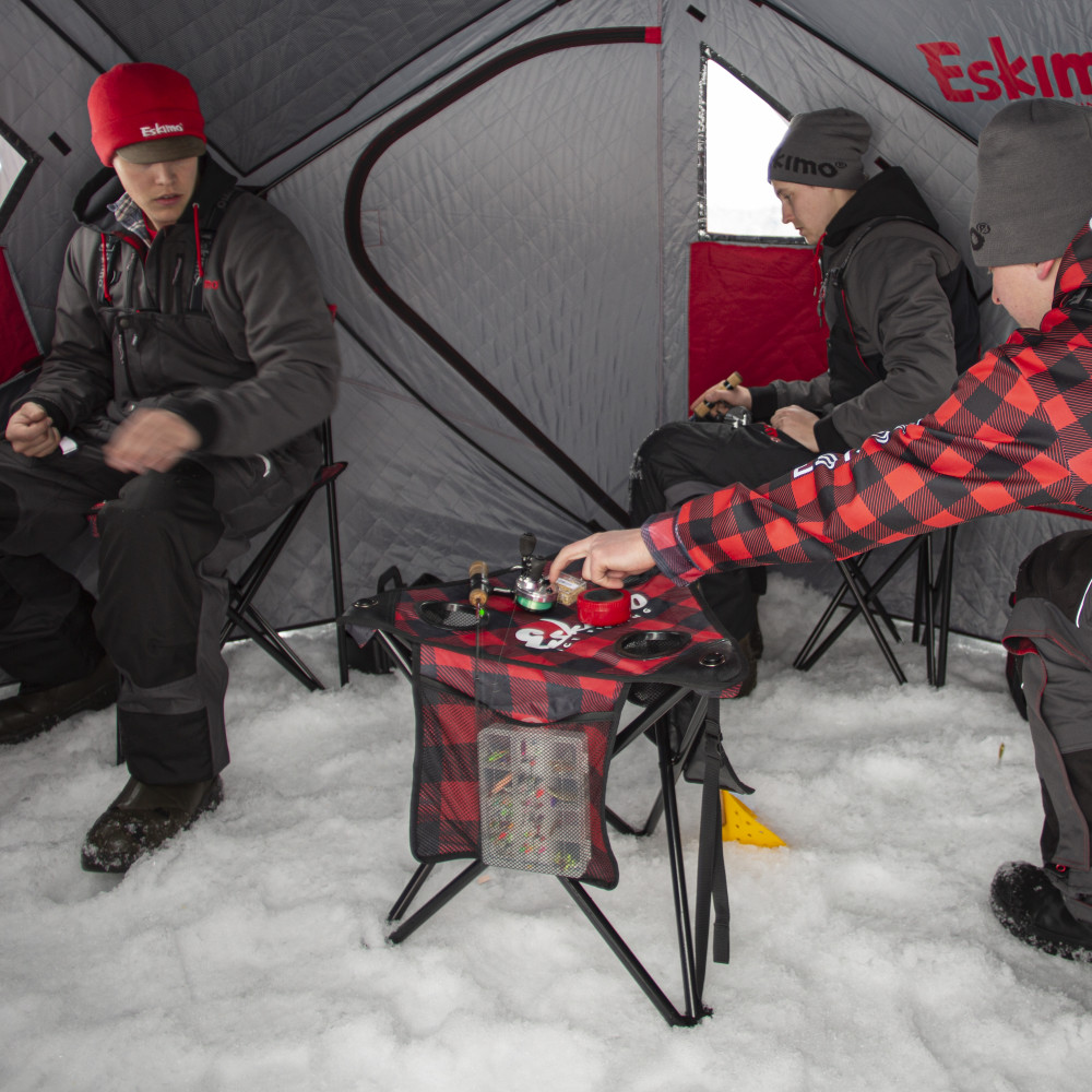 X-Large Folding Ice Fishing Stool/Table with 600 Denier Fabric Plaid Pattern