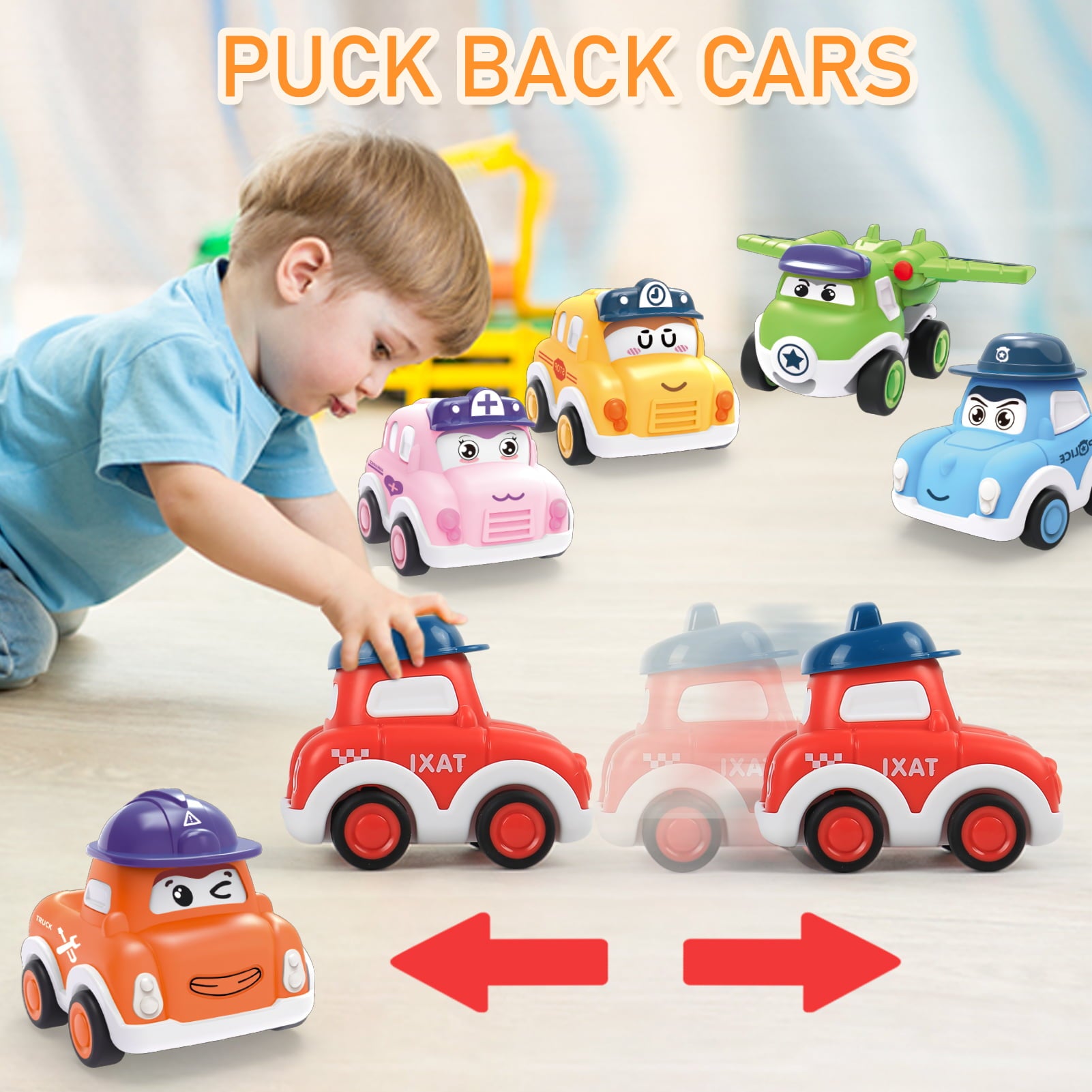 Toddler Pull Back Car Toys for 1 2 3 Years Old Boy Girl，6 Pieces Friction Powered Vehicles Push and Go Mini Car Set with Playmat Storage Bag，Baby Party Favors Birthday Gifts for Kids