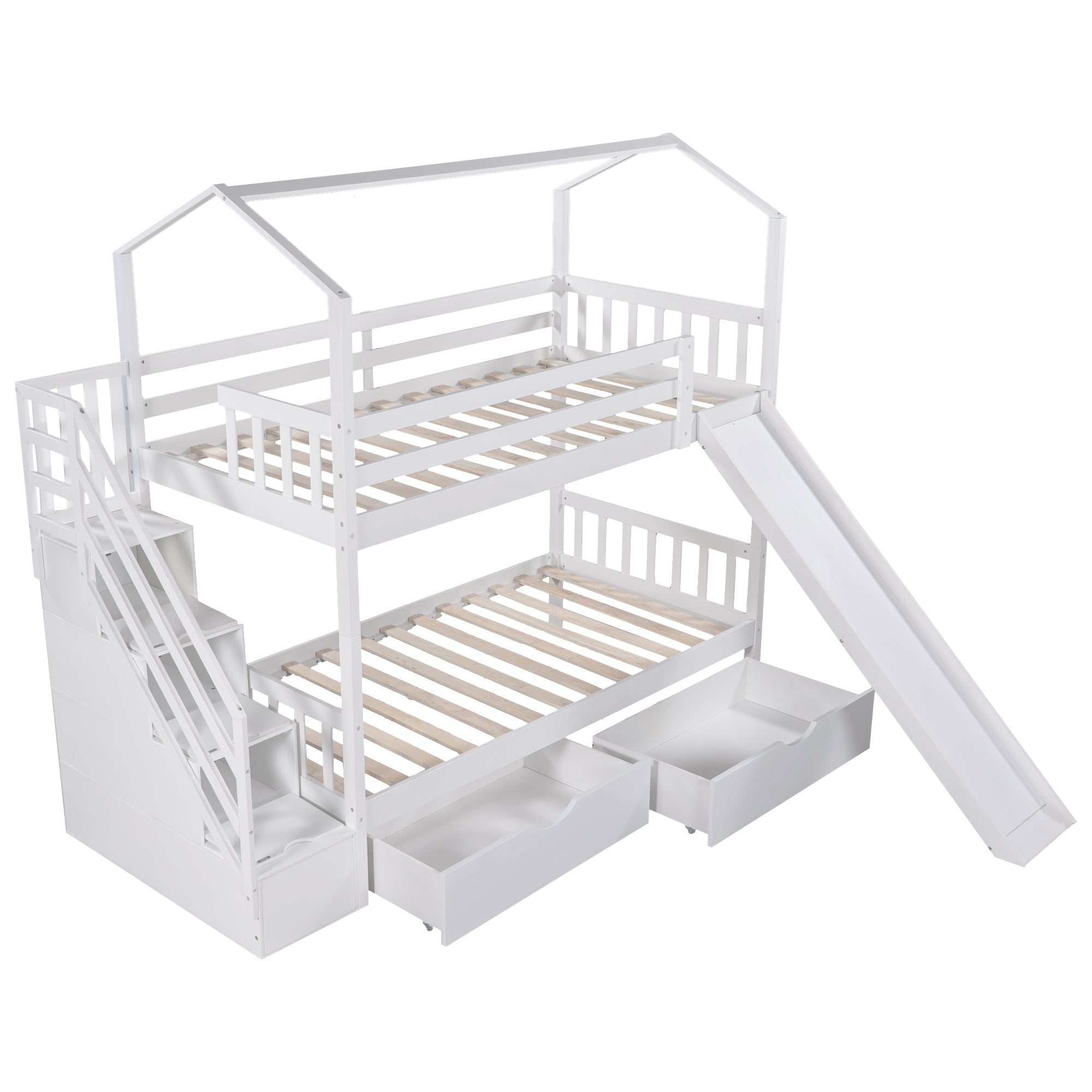 Euroco Twin House Bunk Bed with Storage for Kids, White