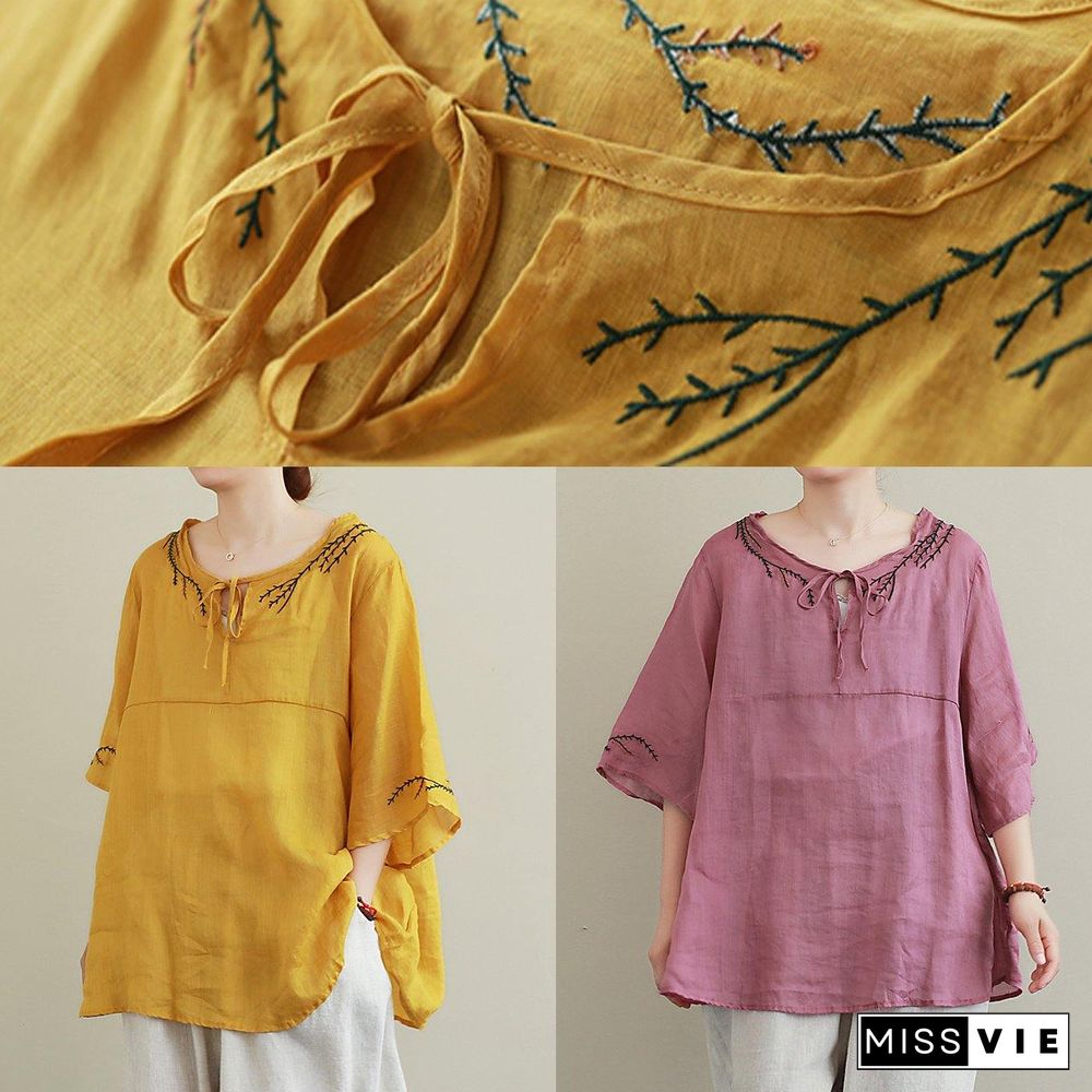 French purple embroidery linen Blouse o neck Midi shirts