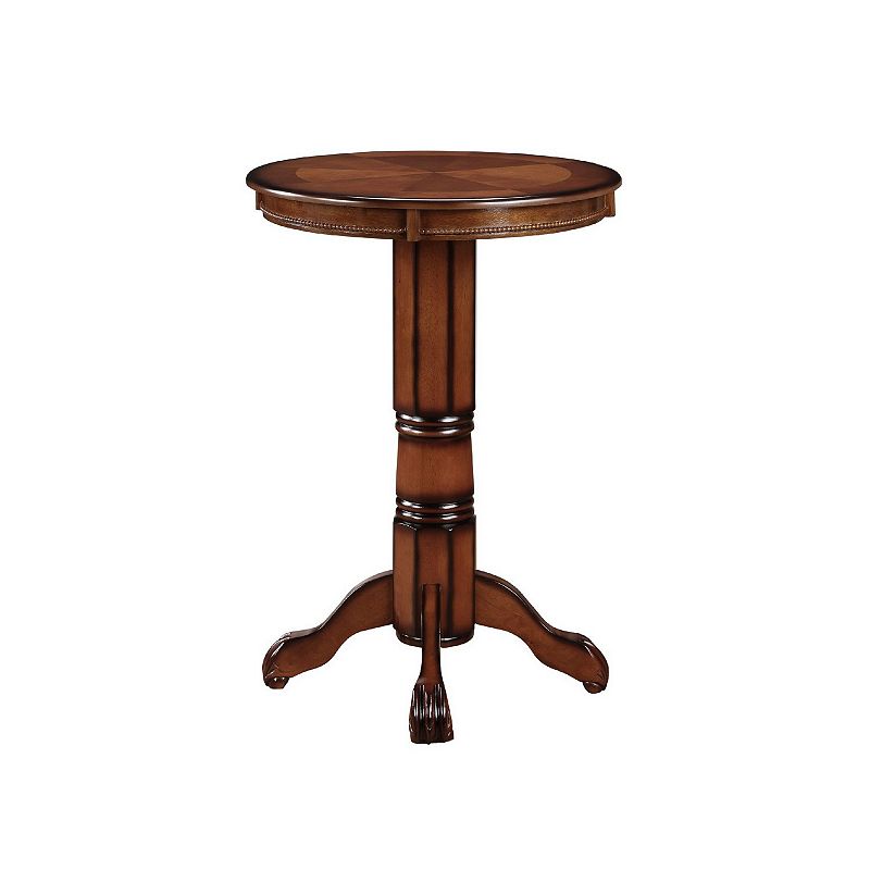 Ava 42 Inch Wood Pub Bar Table， Sunburst Design， Carved Pedestal， Brown