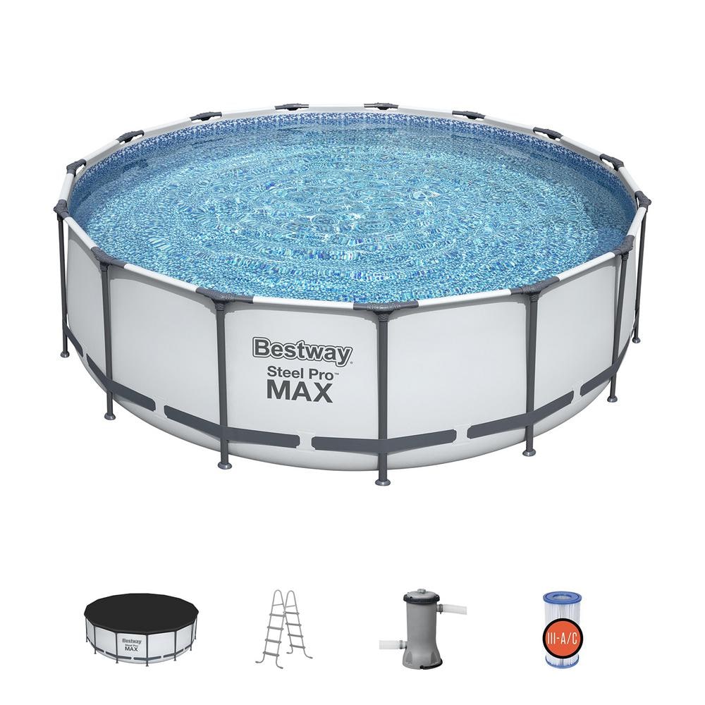 Bestway Pro MAX 15 ft. x 15 ft. Round 48 in. Deep Metal Frame Above Ground Swimming Pool with Pump & Cover 56690E-BW