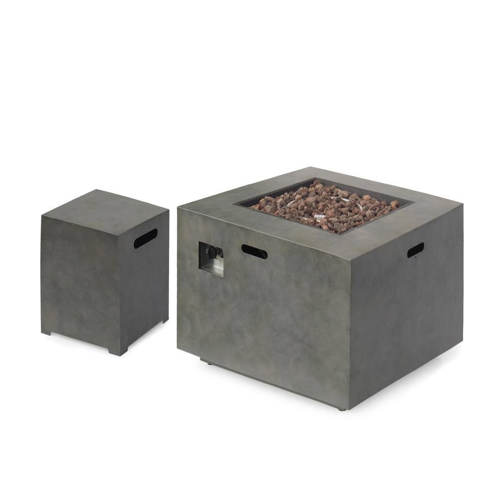 Noble House Wellington 15.25 in. x 19.75 in. Square Concrete Propane Fire Pit in Dark Grey with Tank Holder 70378