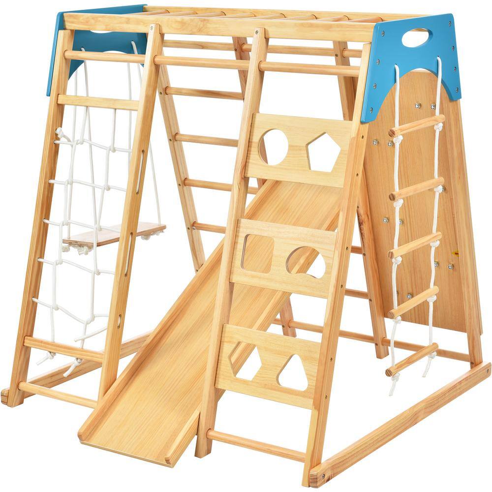 Tatayosi 8-in-1 Slide Playset Toddlers Wooden Climber with Rope Wall Climb Monkey Bars and Swing for Kids J-J-WF297448AAK