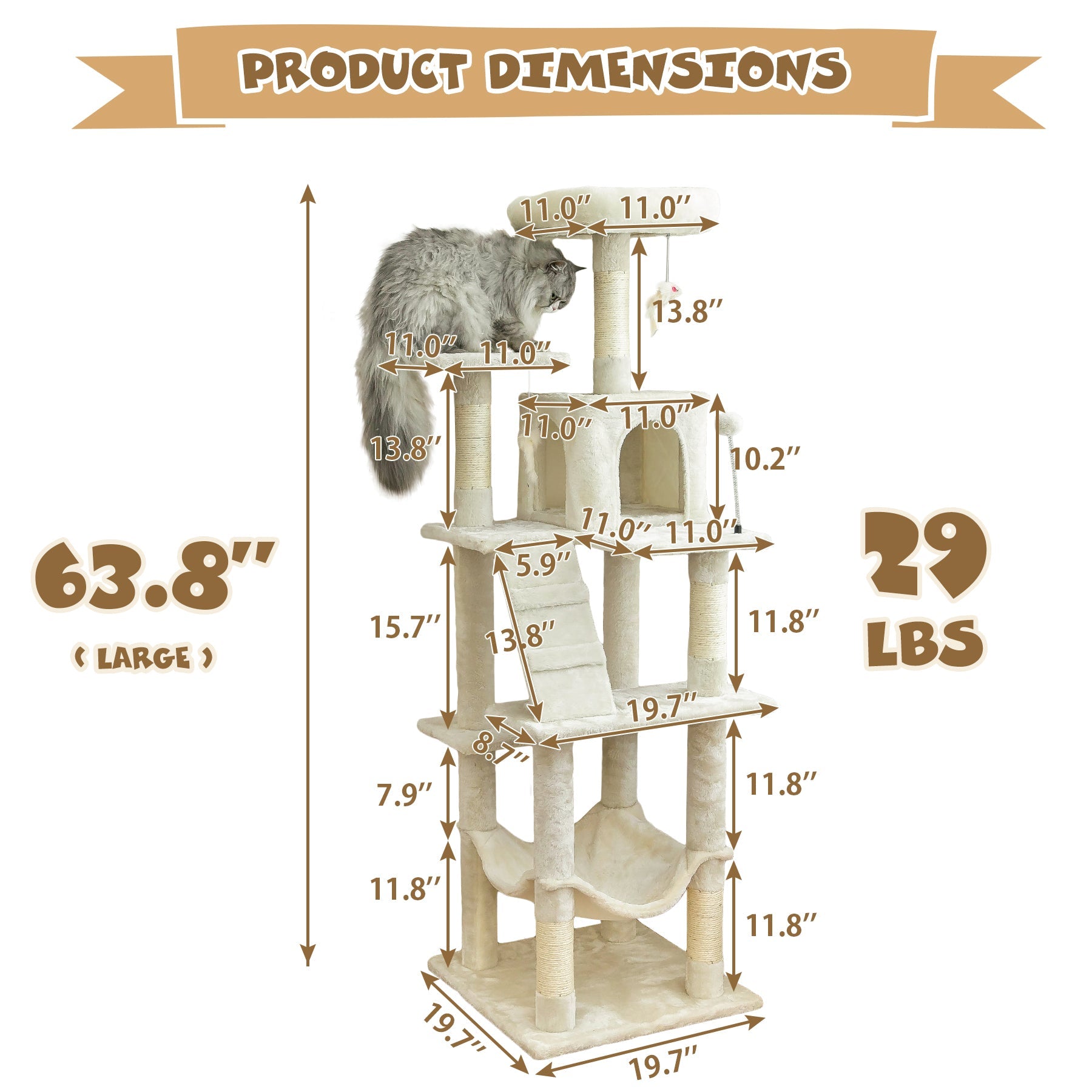 MWPO 63.8" Multi-Level Cat Tree with Condo and Scratching Post Tower, Beige