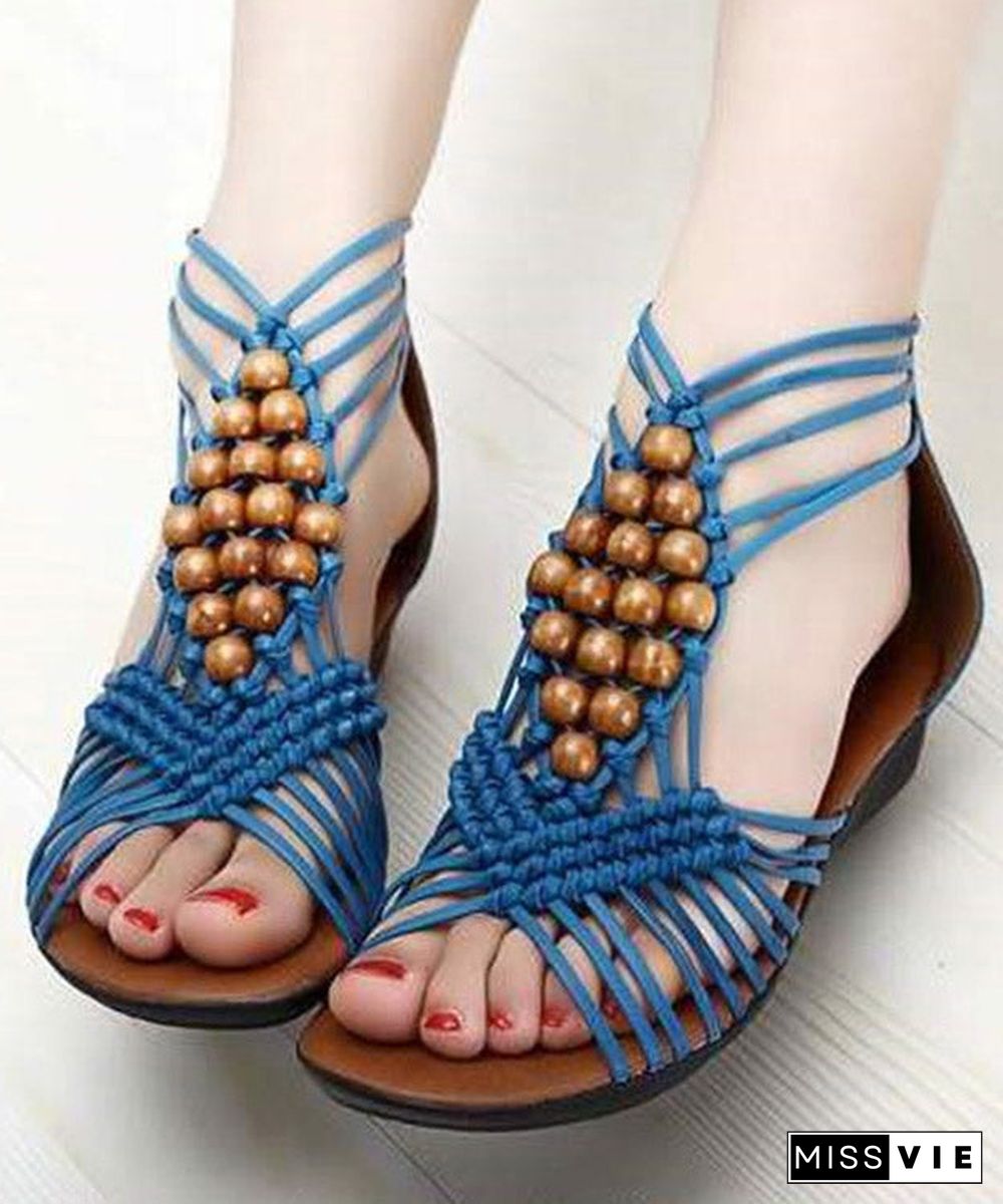 Boho Blue Wedge Genuine Leather Women Cross Beaded Strap Sandals