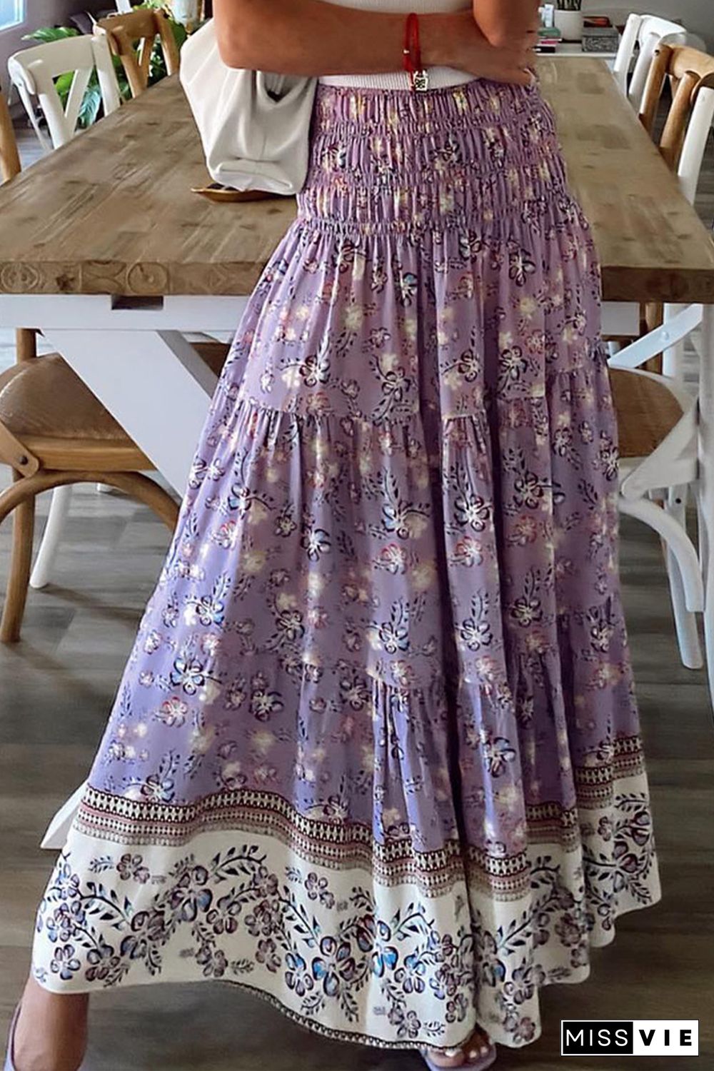 Purple Floral Print Shirred High Waist Maxi Skirt