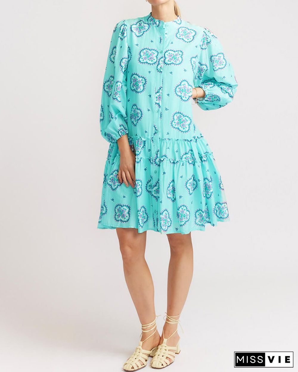 Cropped Sleeve Printed Loose Pleated Dress